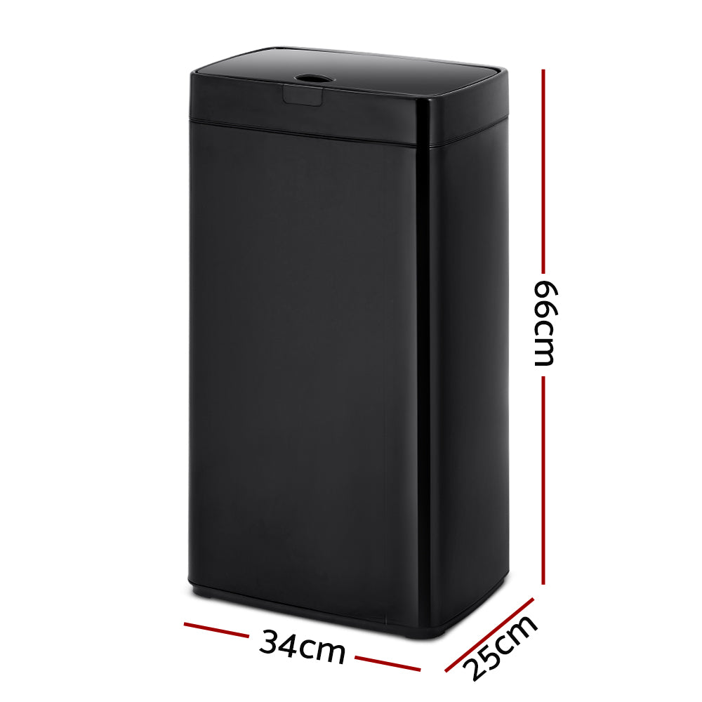 A sleek black 45L automatic motion sensor kitchen rubbish bin made of fingerprint-resistant steel, showcasing its modern design and hands-free functionality.