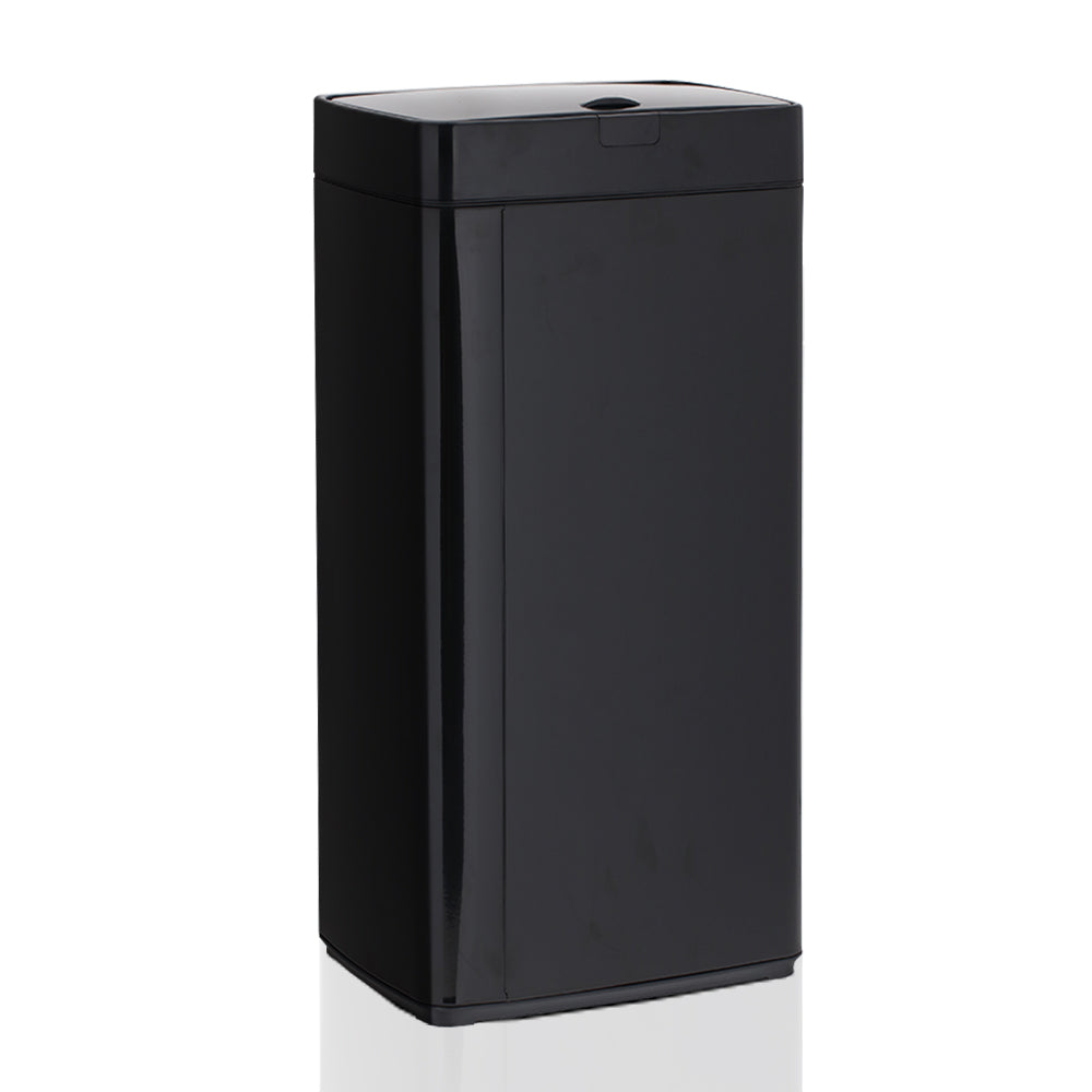 A sleek black 45L automatic motion sensor kitchen rubbish bin made of fingerprint-resistant steel, showcasing its modern design and hands-free functionality.