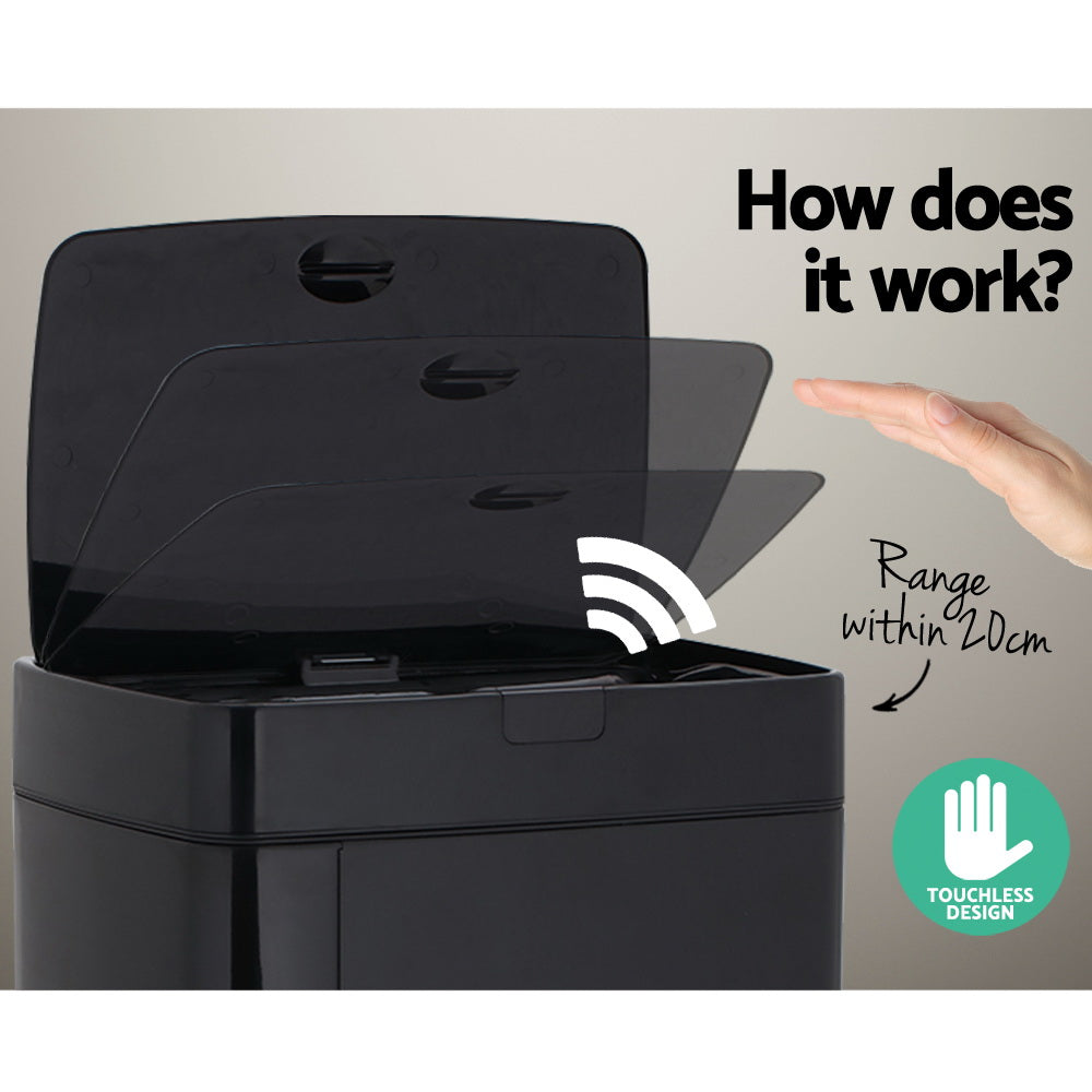 A sleek black 45L automatic motion sensor kitchen rubbish bin made of fingerprint-resistant steel, showcasing its modern design and hands-free functionality.