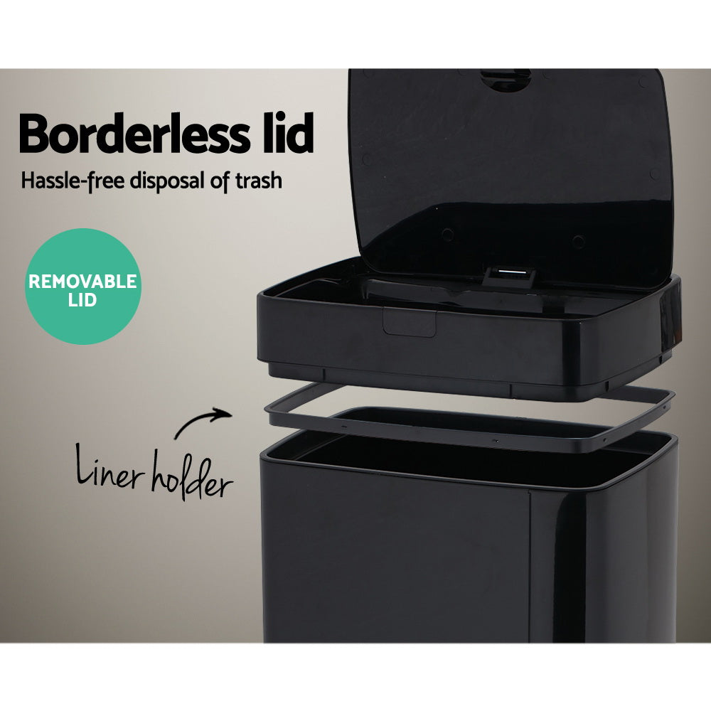 A sleek black 45L automatic motion sensor kitchen rubbish bin made of fingerprint-resistant steel, showcasing its modern design and hands-free functionality.