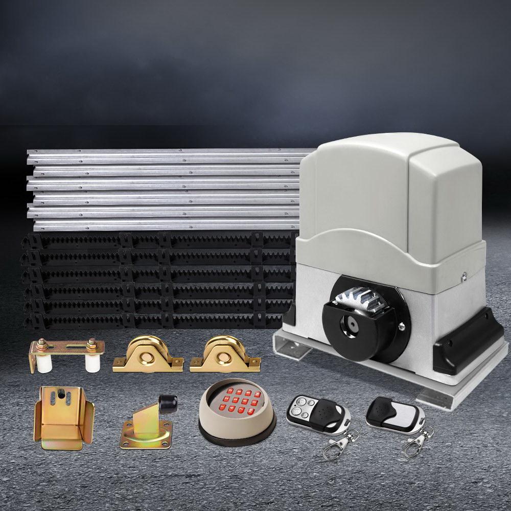 Automatic Sliding Gate Opener & Hardware Kit with motor, rails, remote controls, and accessories for easy installation.