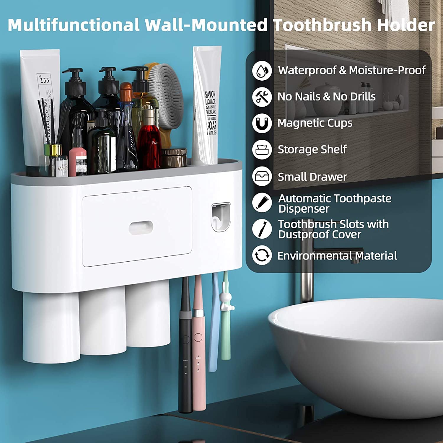 Automatic wall mounted toothbrush holder with magnetic cups in white and black, designed for kids and families, featuring a toothpaste dispenser and storage tray.