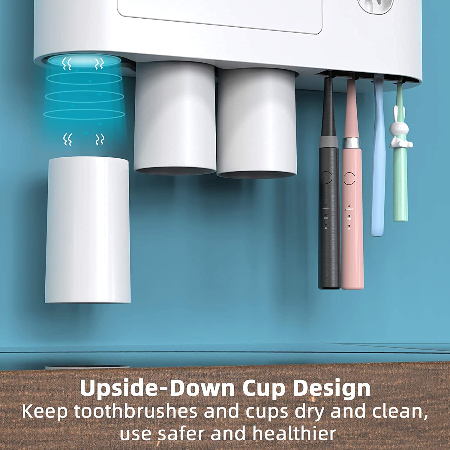 Automatic wall mounted toothbrush holder with magnetic cups in white and black, designed for kids and families, featuring a toothpaste dispenser and storage tray.