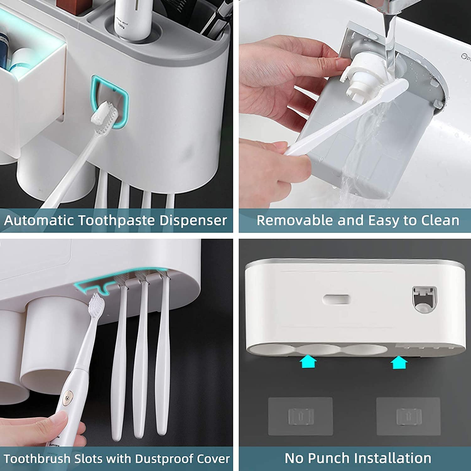 Automatic wall mounted toothbrush holder with magnetic cups in white and gray, designed for kids and families, featuring a toothpaste dispenser and storage tray.