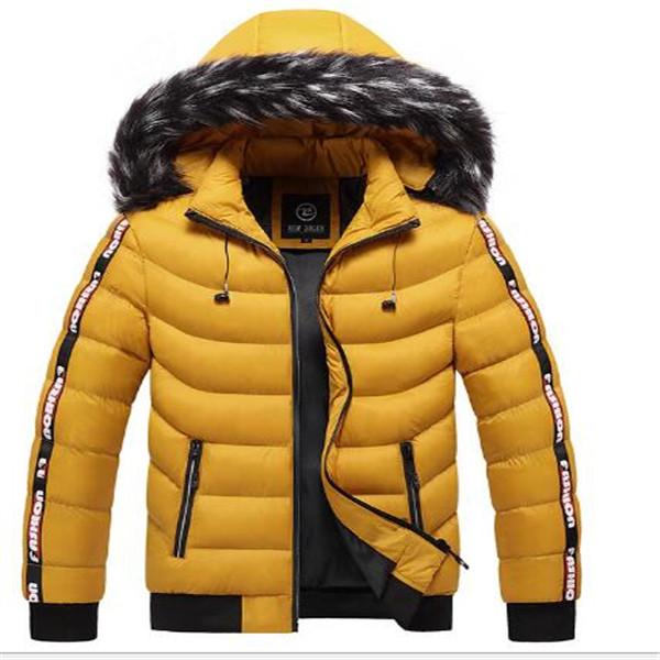 Men's autumn and winter cotton-padded jacket in various colors, featuring a hood and zipper closure.