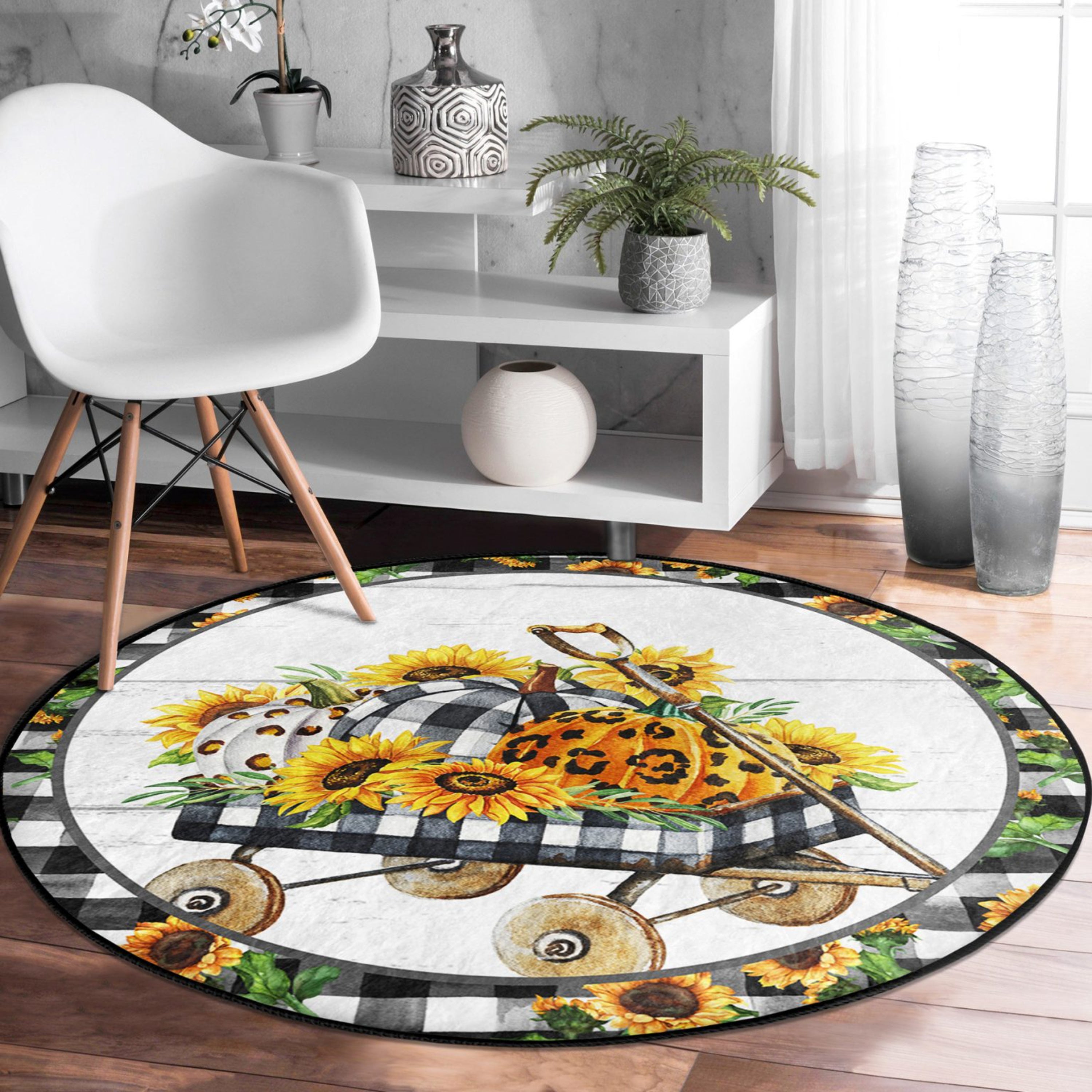 A vibrant round rug featuring a sunflower pattern, perfect for autumn home decor, showcasing its soft velvet texture and bright colors.