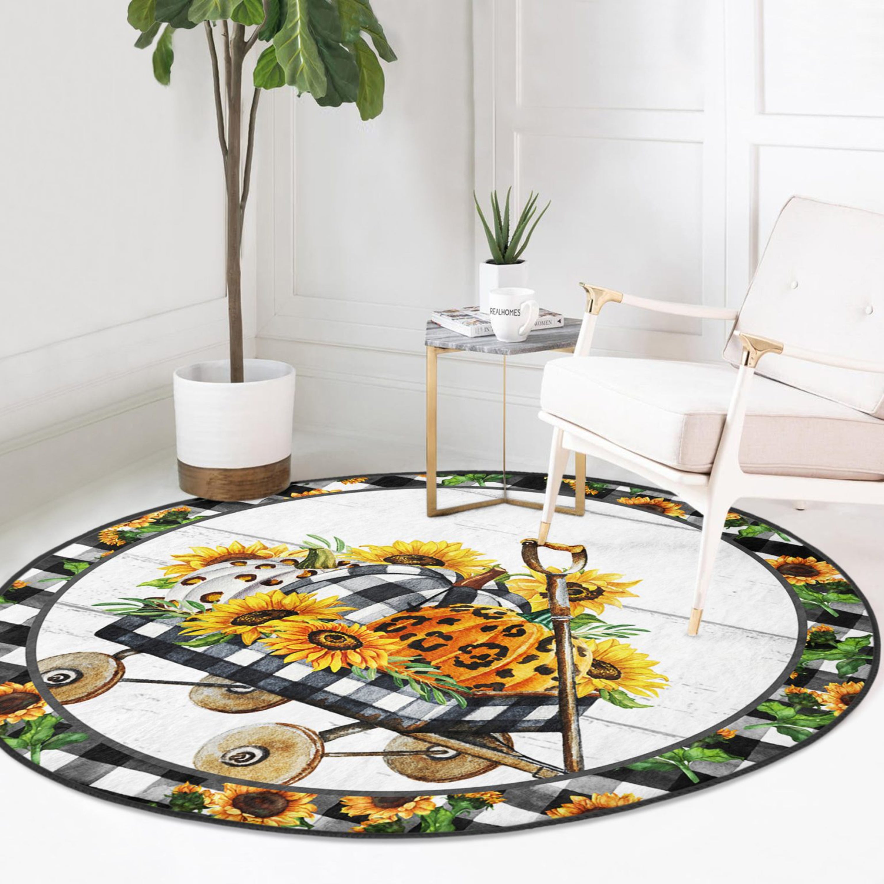 A vibrant round rug featuring a sunflower pattern, perfect for autumn home decor, showcasing its soft velvet texture and bright colors.