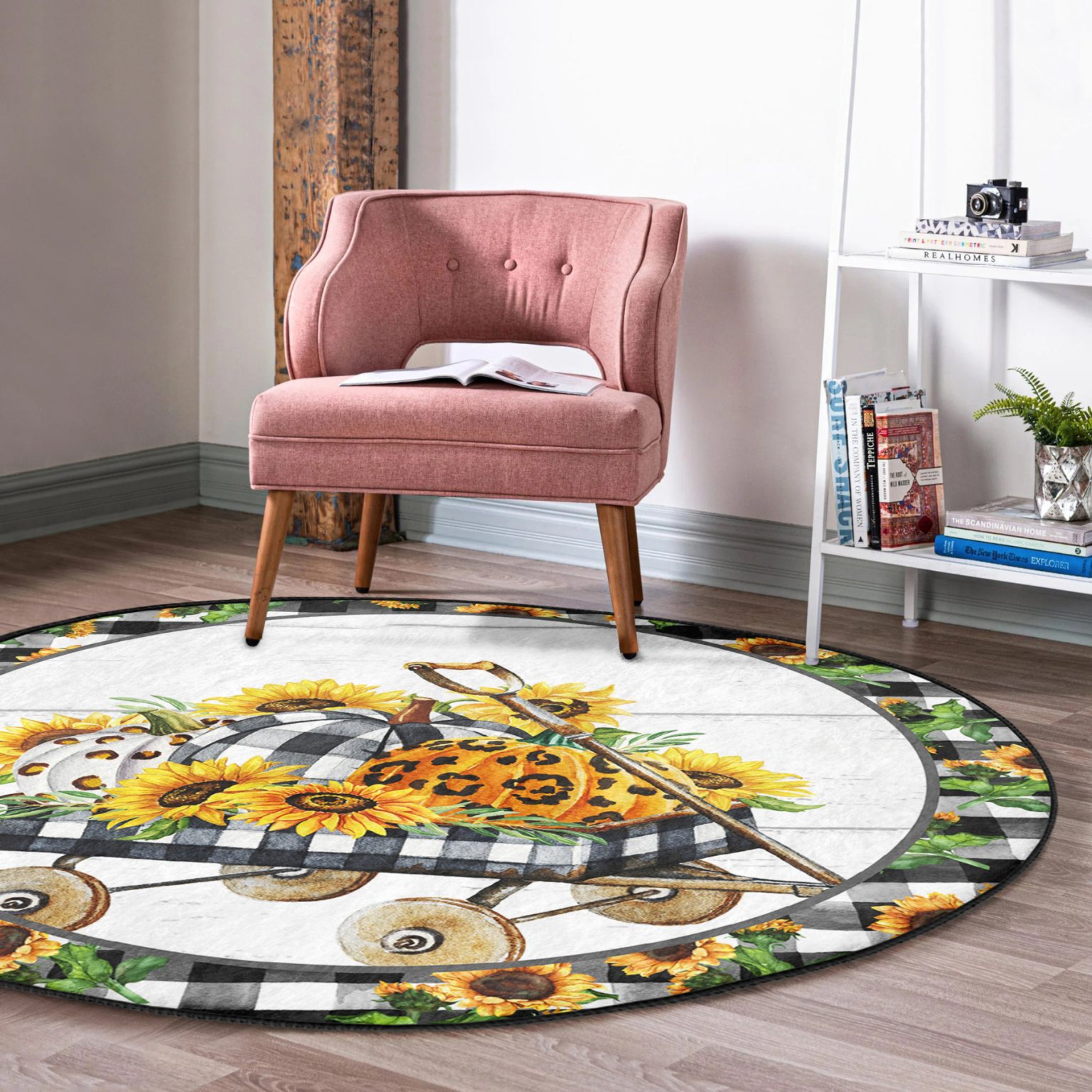 A vibrant round rug featuring a sunflower pattern, perfect for autumn home decor, showcasing its soft velvet texture and bright colors.