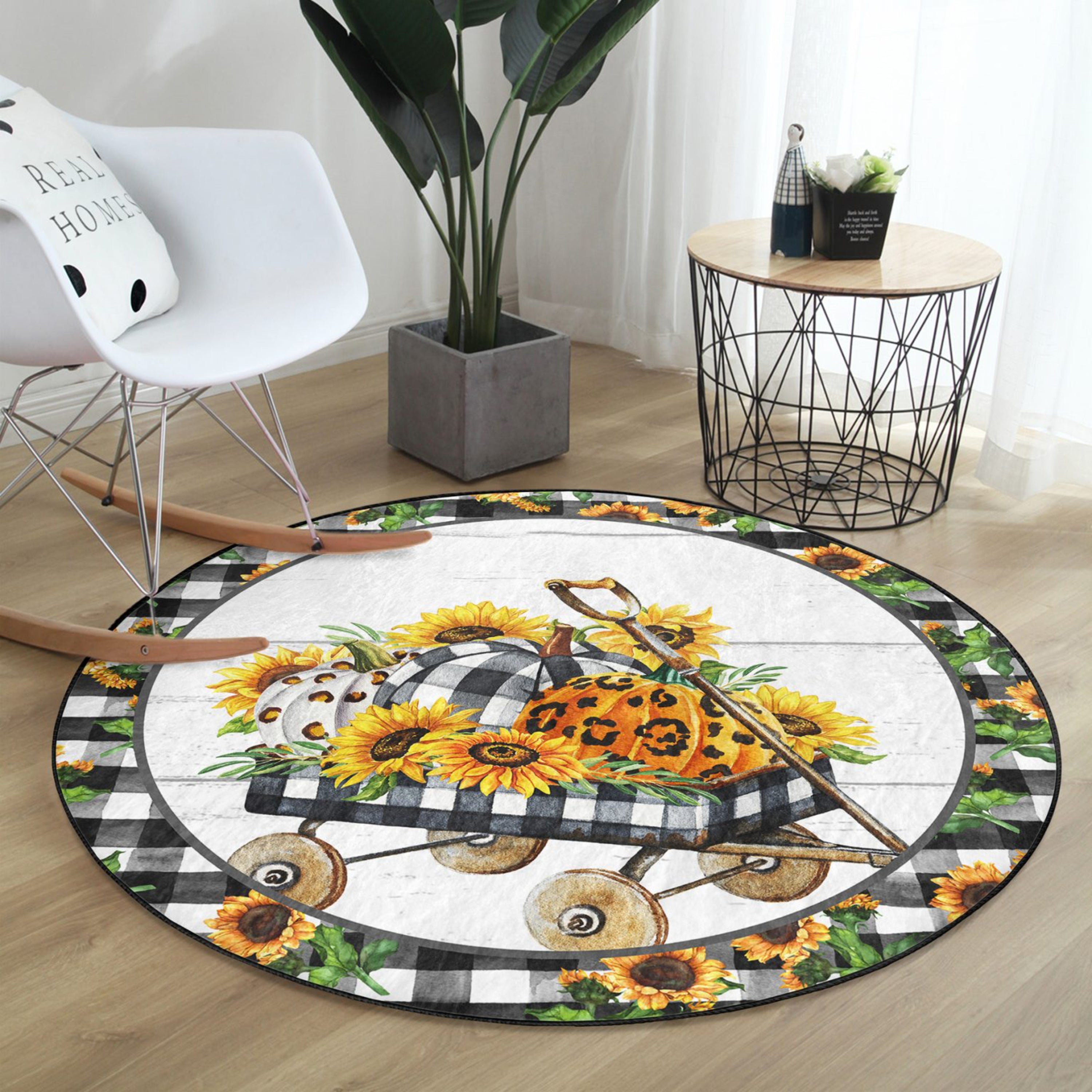 A vibrant round rug featuring a sunflower pattern, perfect for autumn home decor, showcasing its soft velvet texture and bright colors.