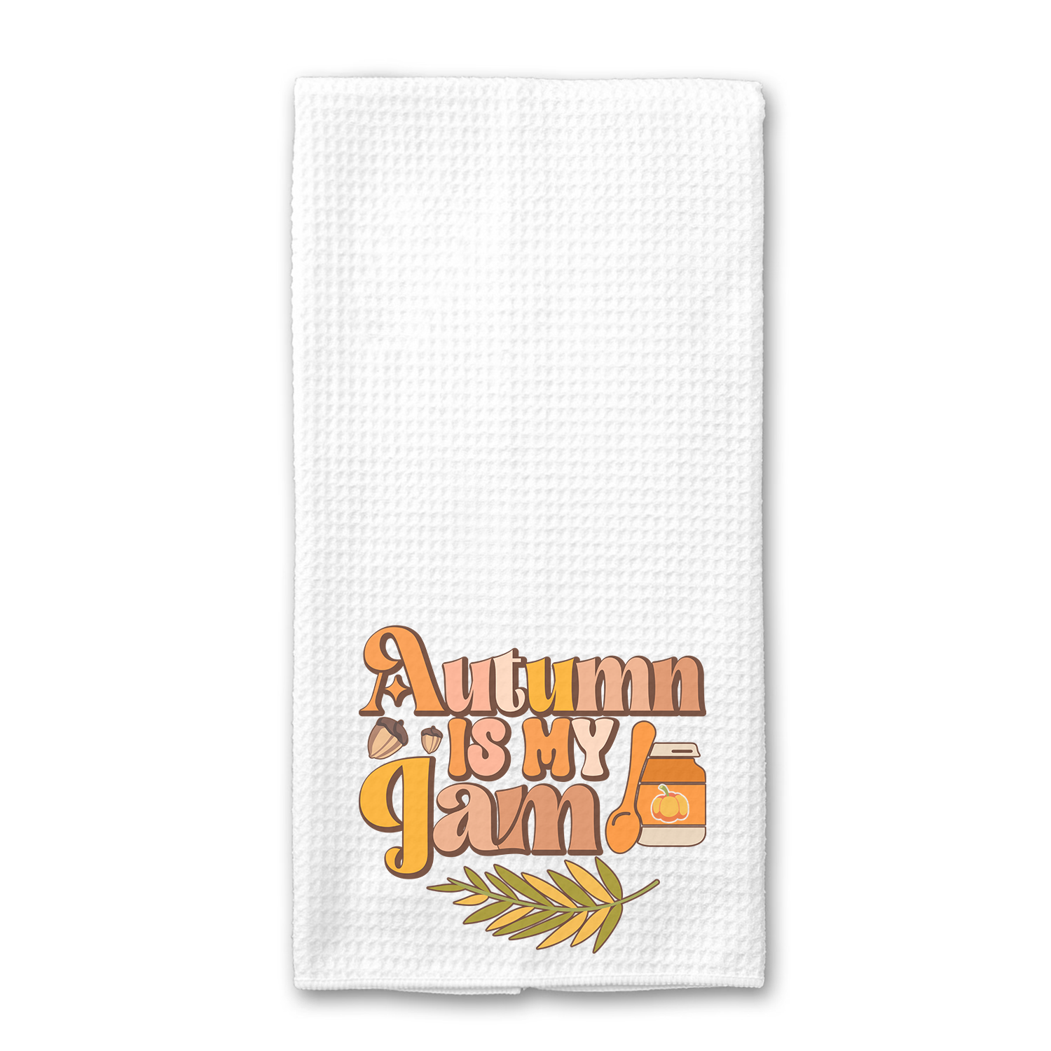 Autumn Is My Jam Kitchen Towel featuring a vibrant autumn design, made from absorbent microfiber, perfect for kitchen use.