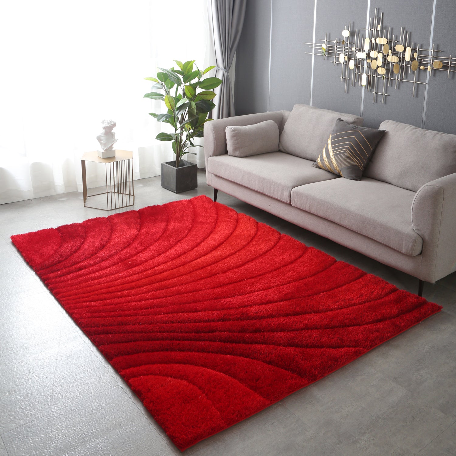 Ava 3D Red Shag Rug featuring a modern wave design, plush texture, and vibrant red color, perfect for enhancing home decor.