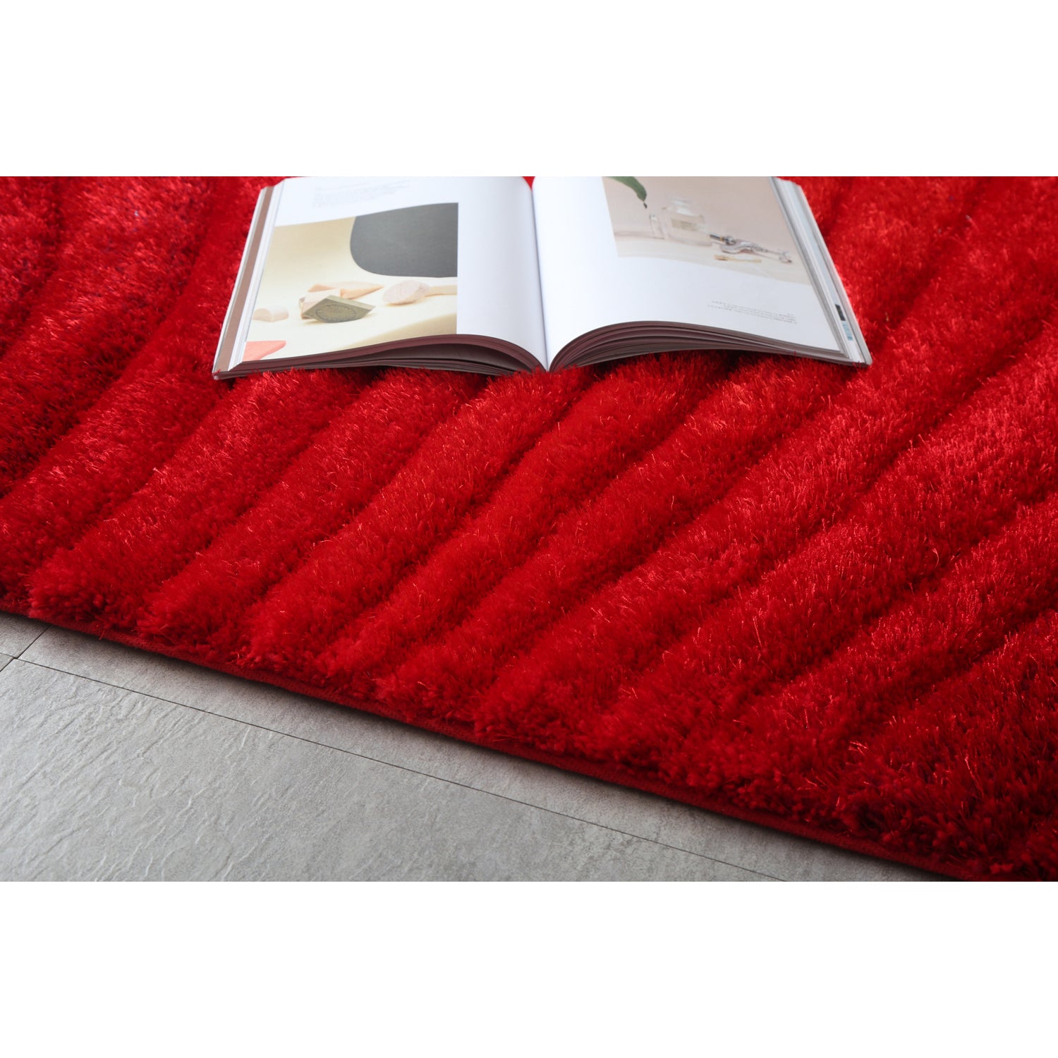 Ava 3D Red Shag Rug featuring a modern wave design, plush texture, and vibrant red color, perfect for enhancing home decor.