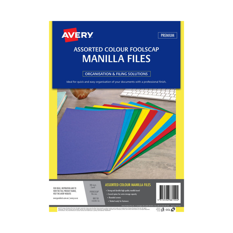 Pack of 20 AVERY Manilla Folders in assorted colors, showcasing their durable manila board material and foolscap size for effective document organization.