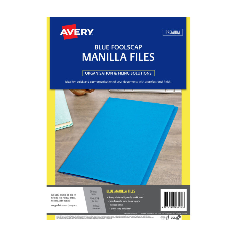 Pack of 20 AVERY Manilla Folders in vibrant blue color, made from durable manilla board, ideal for organizing documents.