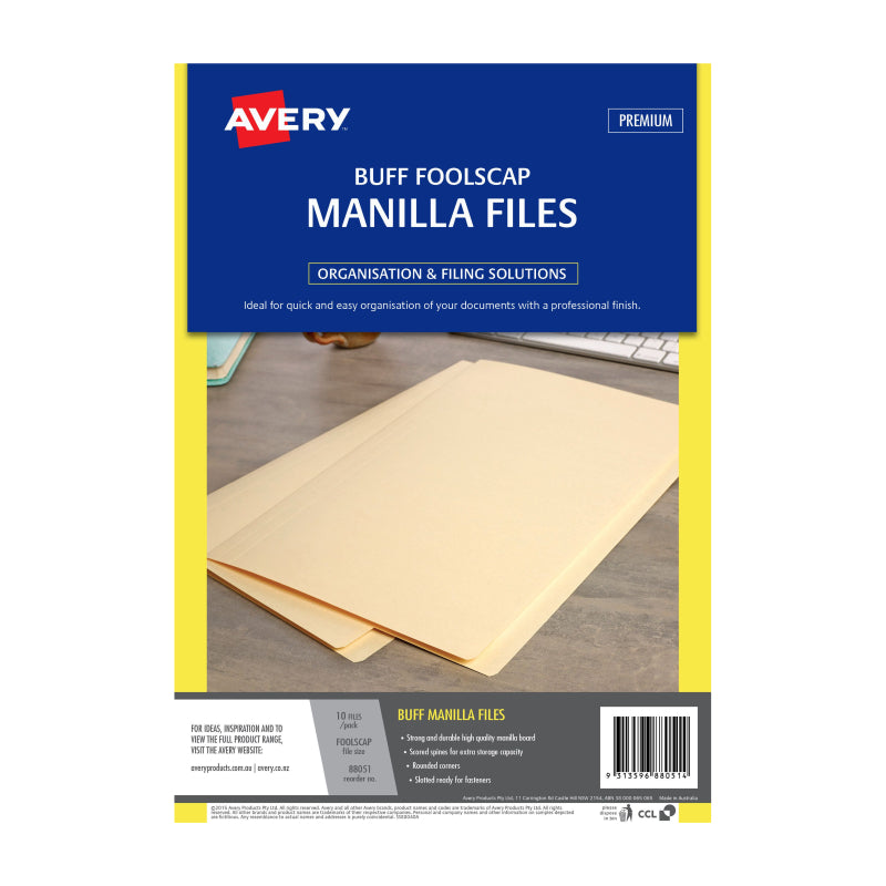 Pack of 10 AVERY Manilla Buff Folders, showcasing their durable design and foolscap size for effective document organization.