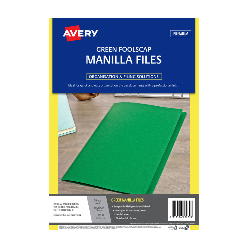 Pack of 20 AVERY green manila folders, showcasing their durable design and vibrant color, ideal for organizing documents.