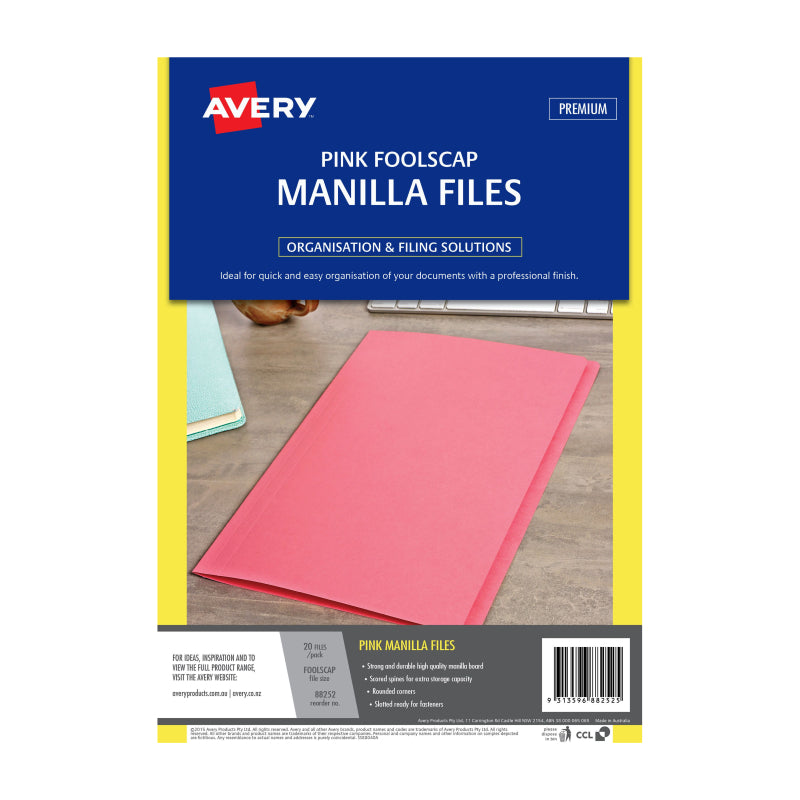 Pack of 20 AVERY Manilla Folders in vibrant pink color, made from durable manilla board, ideal for organizing documents.