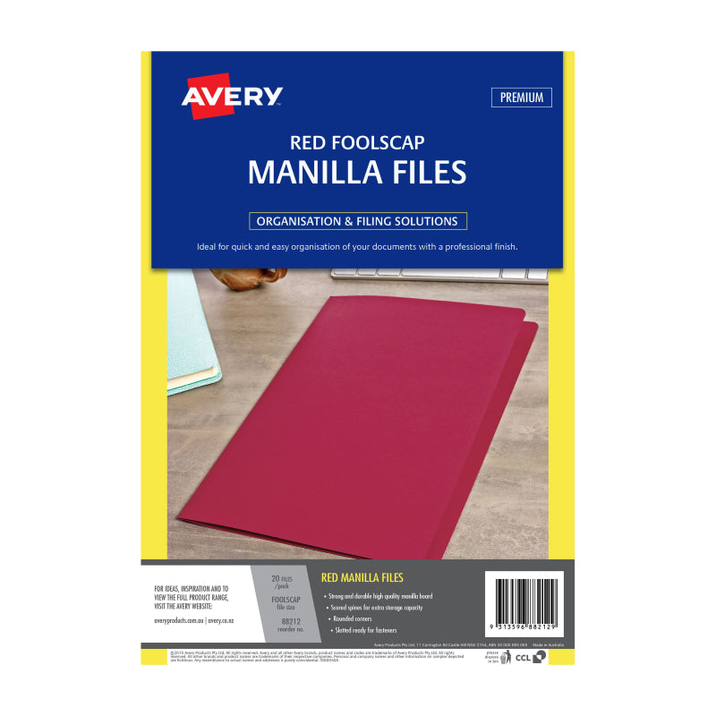 Pack of 20 AVERY Manilla Folders in vibrant red color, made from durable manilla board for organizing documents.