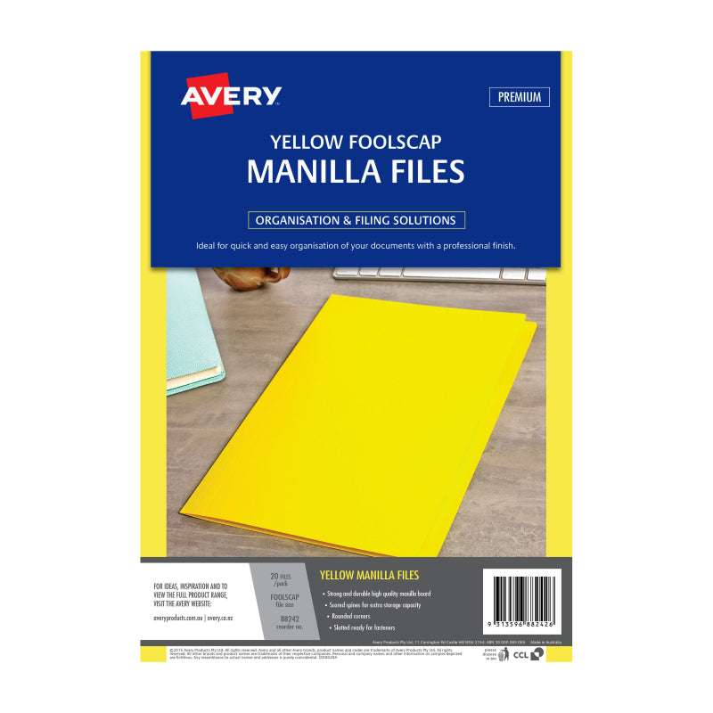 Pack of 20 AVERY yellow manilla folders, showcasing their vibrant color and durable design for document organization.