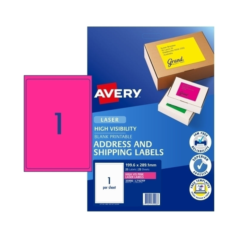 AVERY ShipLabel L7167FP pack of 25 fluoro pink shipping labels, designed for high visibility and easy recognition.