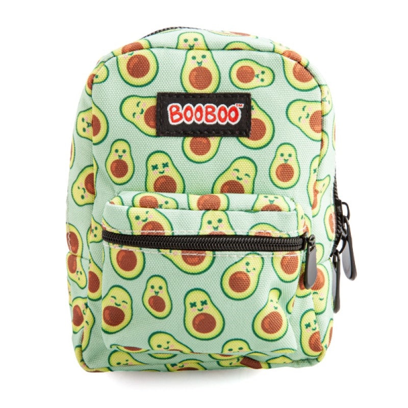 Avocado Mini Backpack with a cute avocado pattern on a pale green background, featuring elastic straps and a carabiner clip.