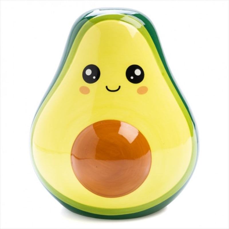 A vibrant green avocado-shaped money bank with a rounded pit, perfect for saving coins.