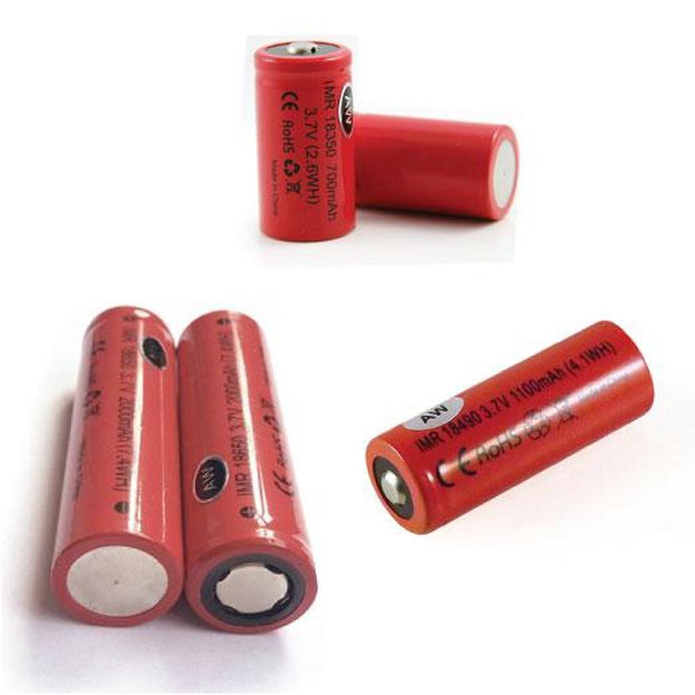 AW IMR Lithium Ion Rechargeable Batteries in various sizes and types, showcasing Flat Top and Sharp Top options.