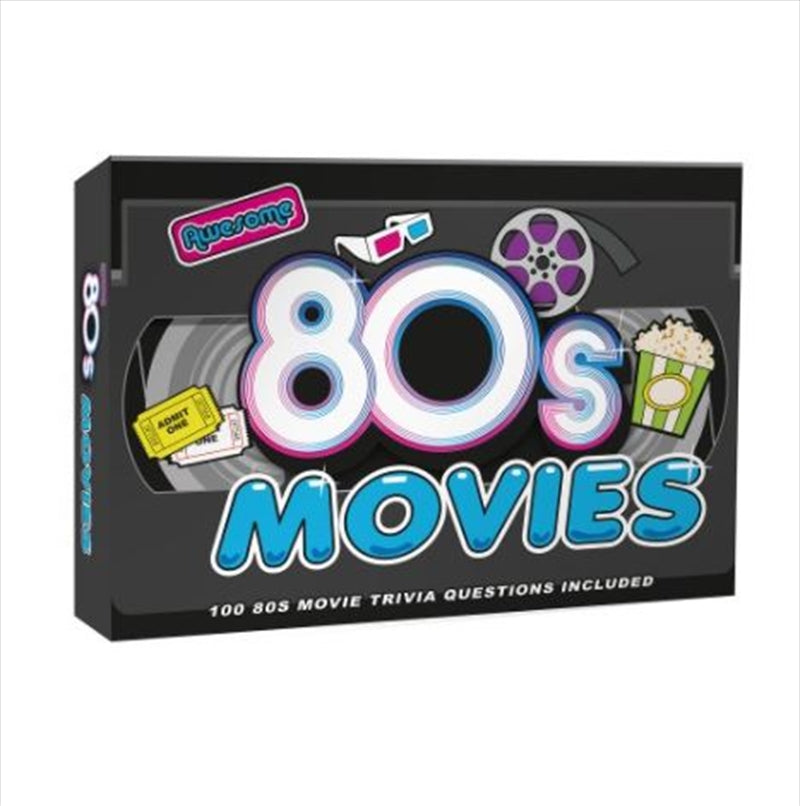 A colorful box of Awesome 80's Movie Trivia game featuring 100 trivia cards, perfect for movie lovers.