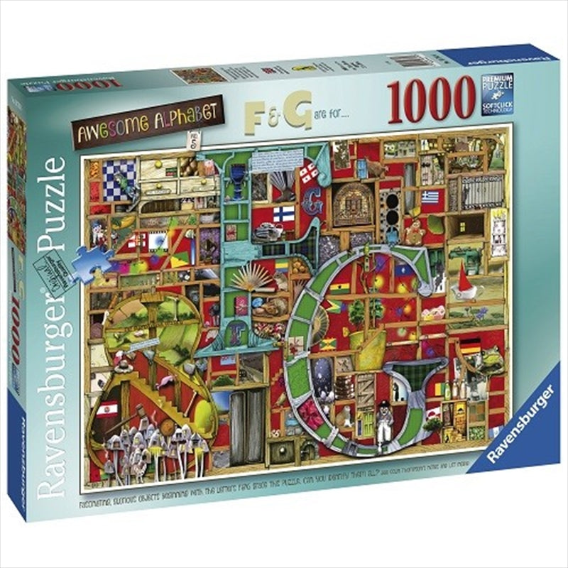 A vibrant 1000 piece puzzle featuring the letters F and G in colorful designs, perfect for educational fun.