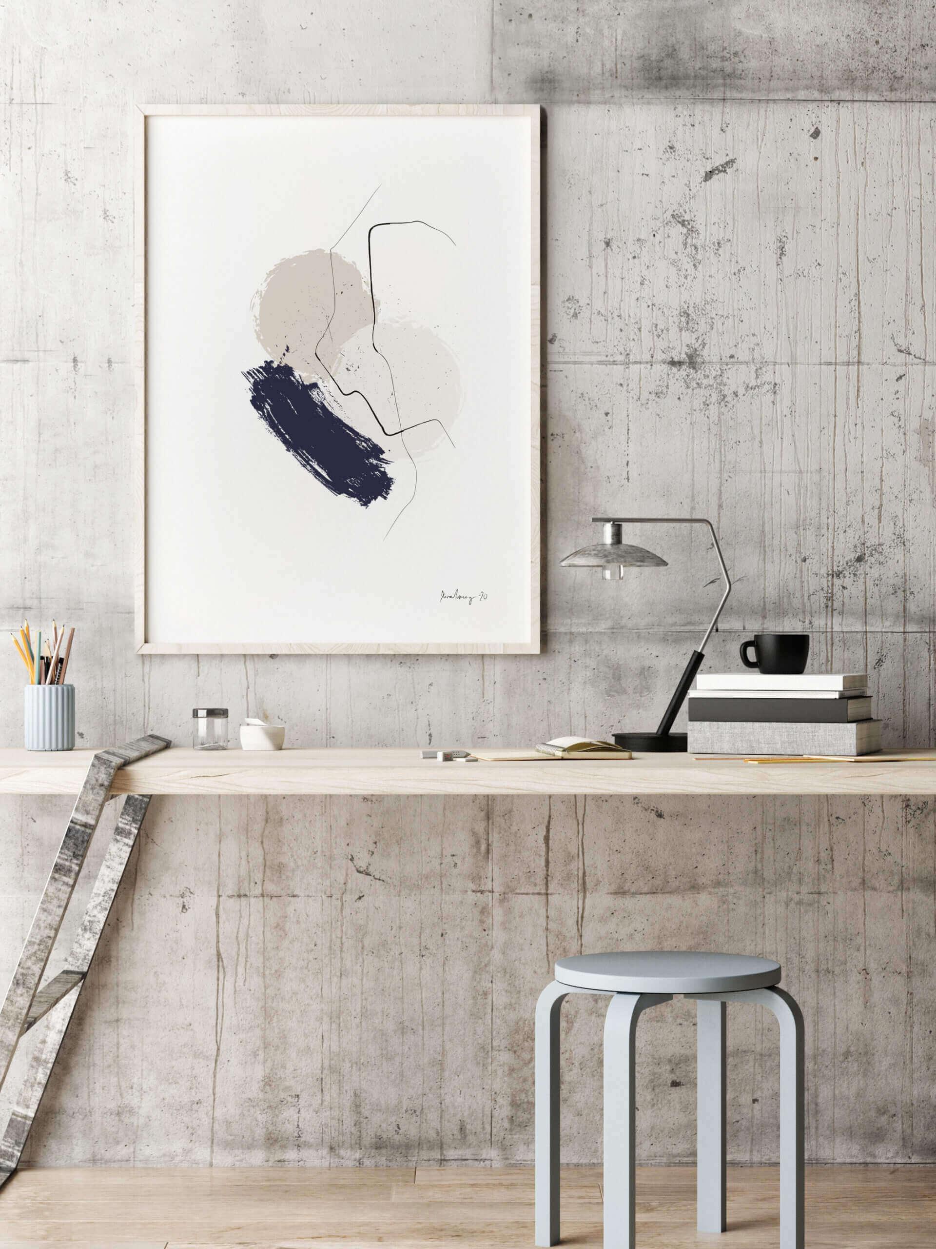 AYA juliste featuring a modern design with beige and deep blue colors, perfect for wall decor.