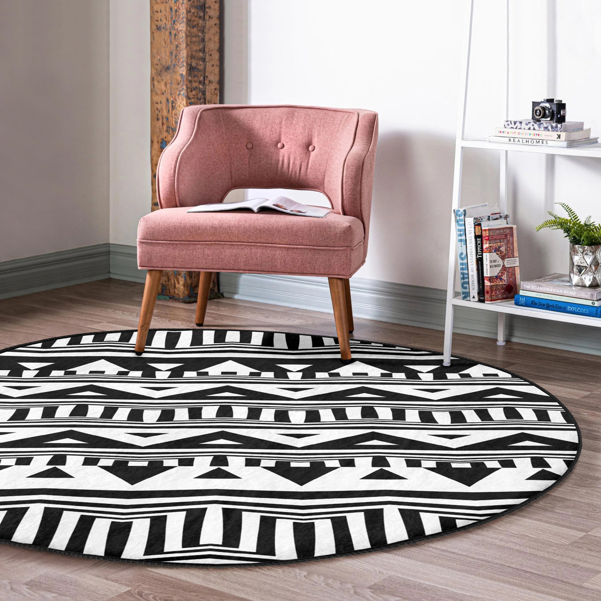 Aztec Round Rug in terracotta color featuring intricate patterns, made from soft velvet fabric, perfect for home decor.