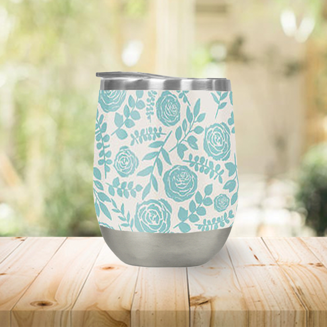 Baby Blue Floral Wine Tumbler with double-wall insulation and floral design, perfect for outdoor use.