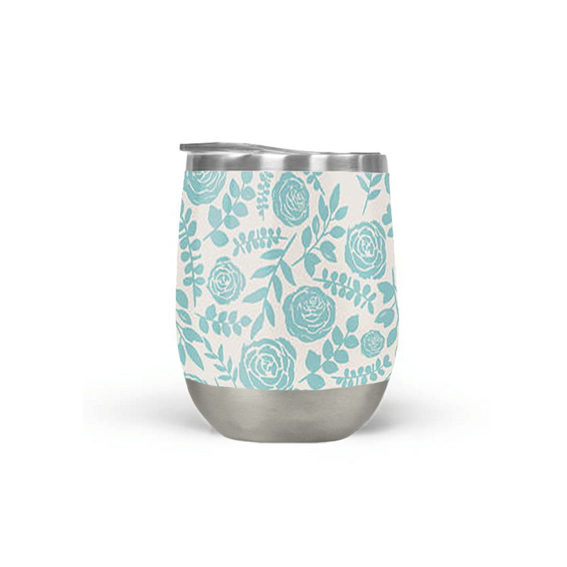 Baby Blue Floral Wine Tumbler with double-wall insulation and floral design, perfect for outdoor use.