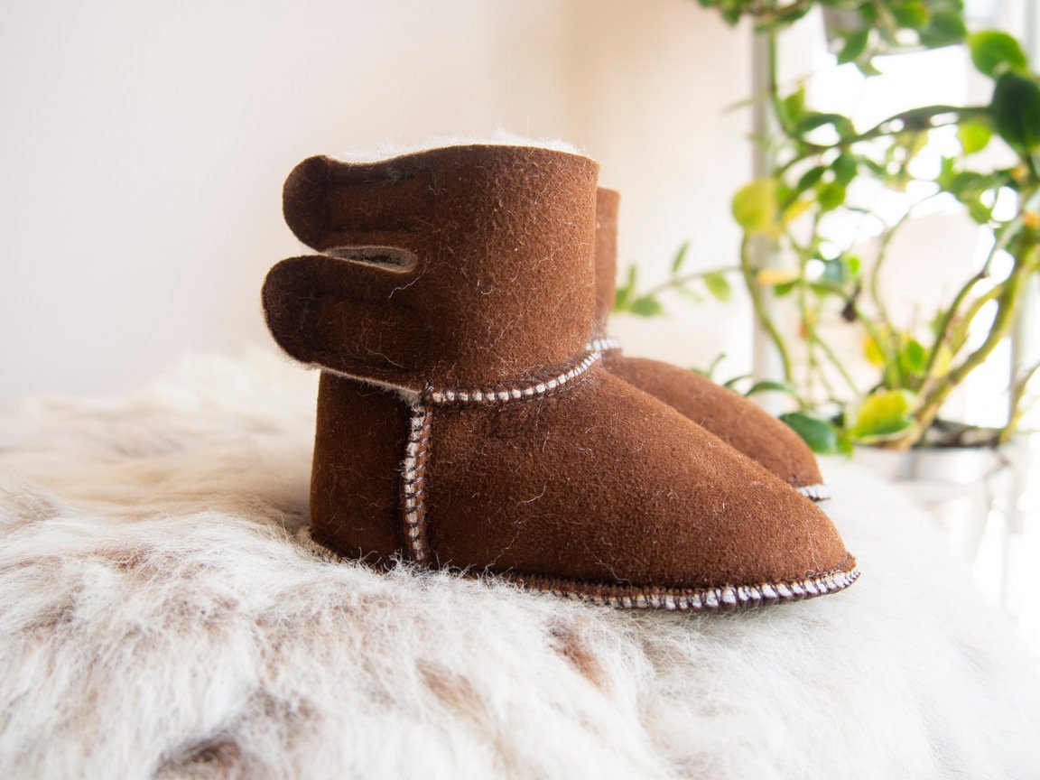 A pair of handmade baby brown sheepskin boots with soft fur lining, designed for comfort and warmth.