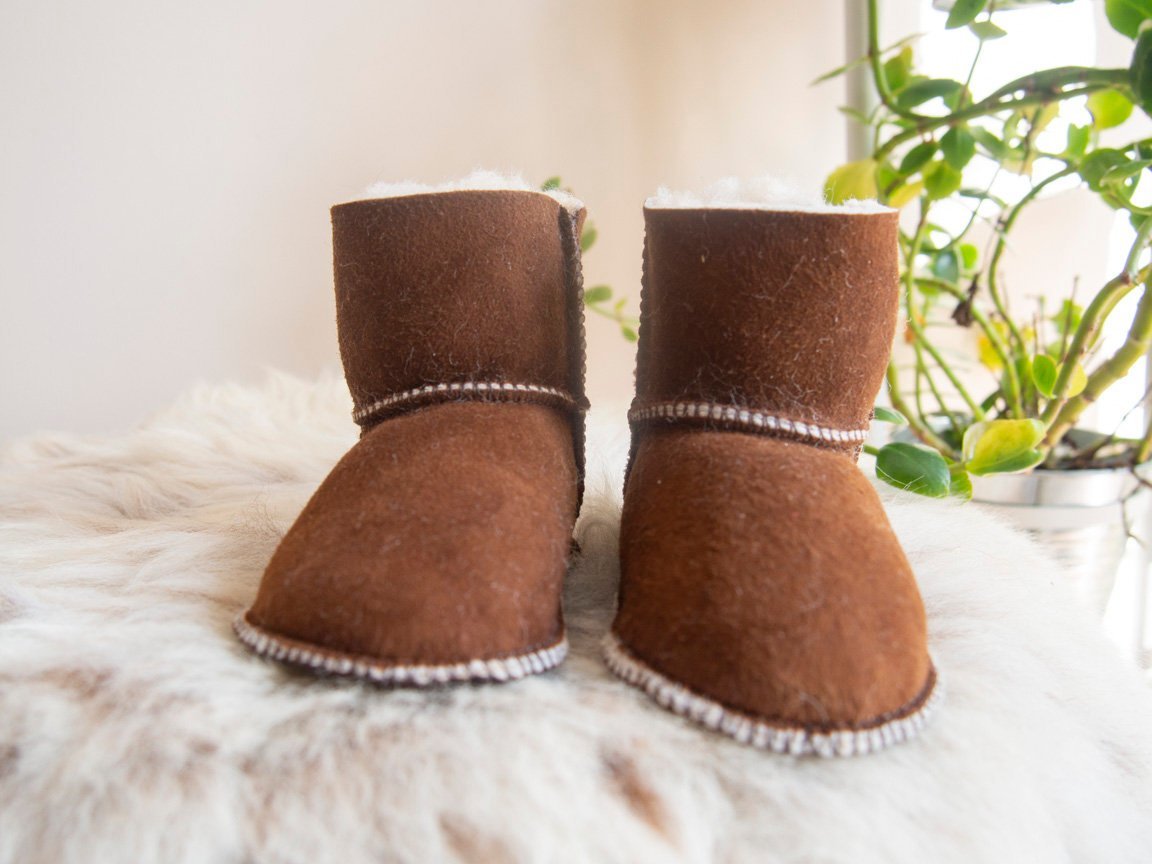 A pair of handmade baby brown sheepskin boots with soft fur lining, designed for comfort and warmth.