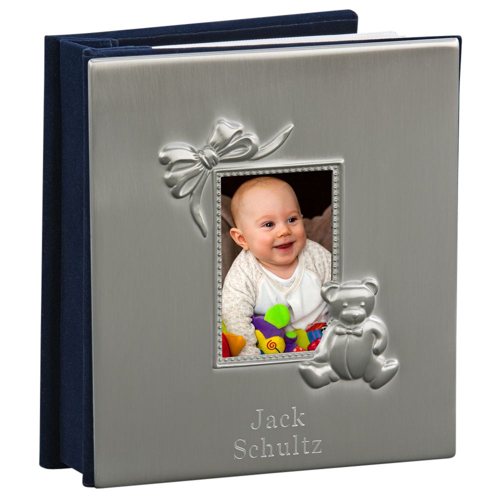 Elegant Baby Icon Album with matte finish, featuring bow and teddy bear icons, holding a 2" x 3" photo.