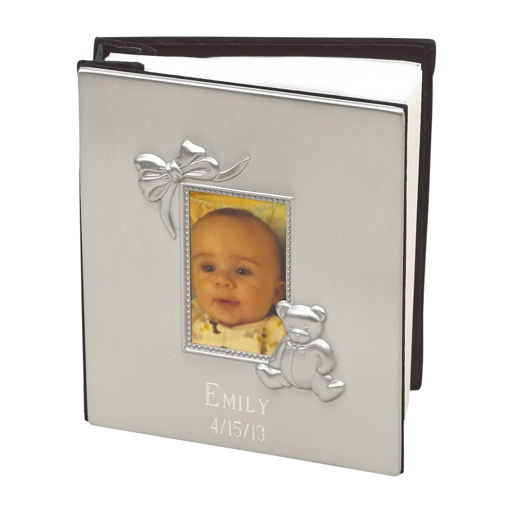 Elegant Baby Icon Album with matte finish, featuring bow and teddy bear icons, holding a 2" x 3" photo.