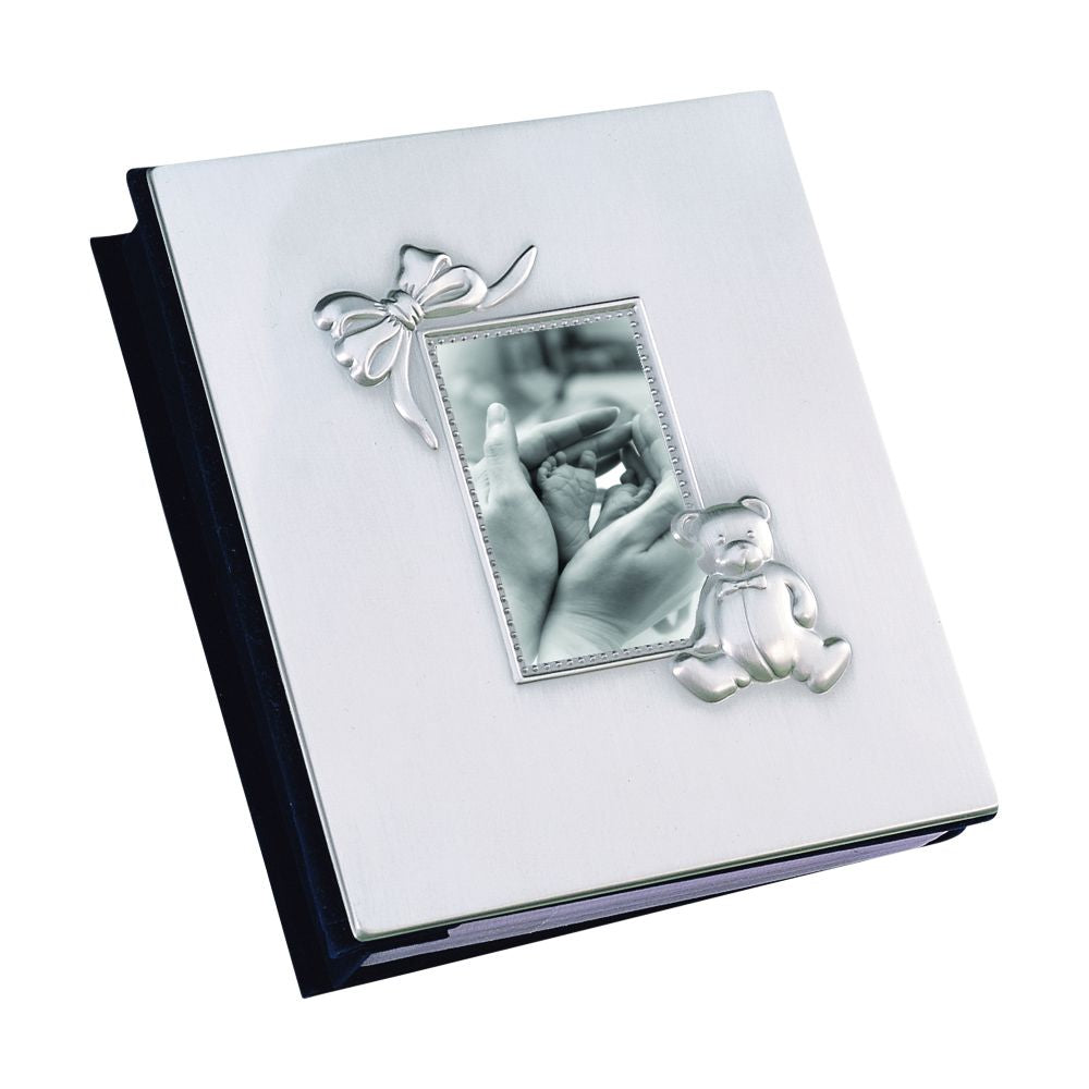 Elegant Baby Icon Album with matte finish, featuring bow and teddy bear icons, holding a 2" x 3" photo.