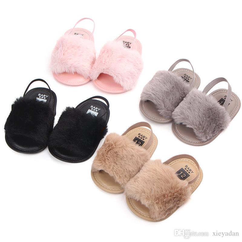 A pair of stylish baby sandals for girls, featuring soft faux fur lining and an anti-slip sole, perfect for summer outings.