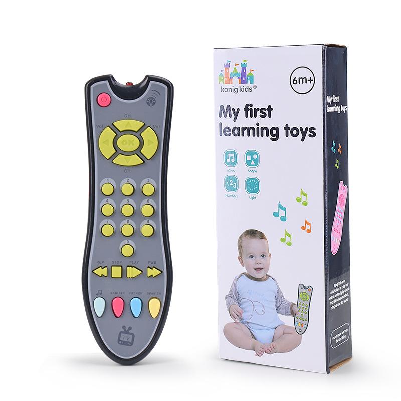 Baby TV simulation remote control in pink and grey, designed for infants with music and English learning features.