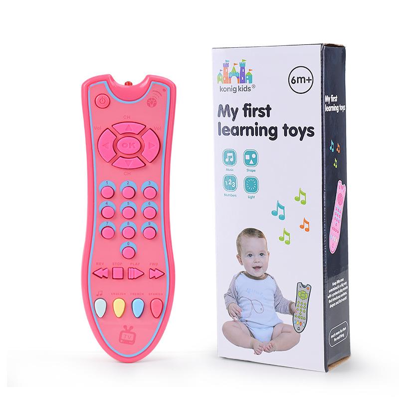 Baby TV simulation remote control in pink and grey, designed for infants with music and English learning features.