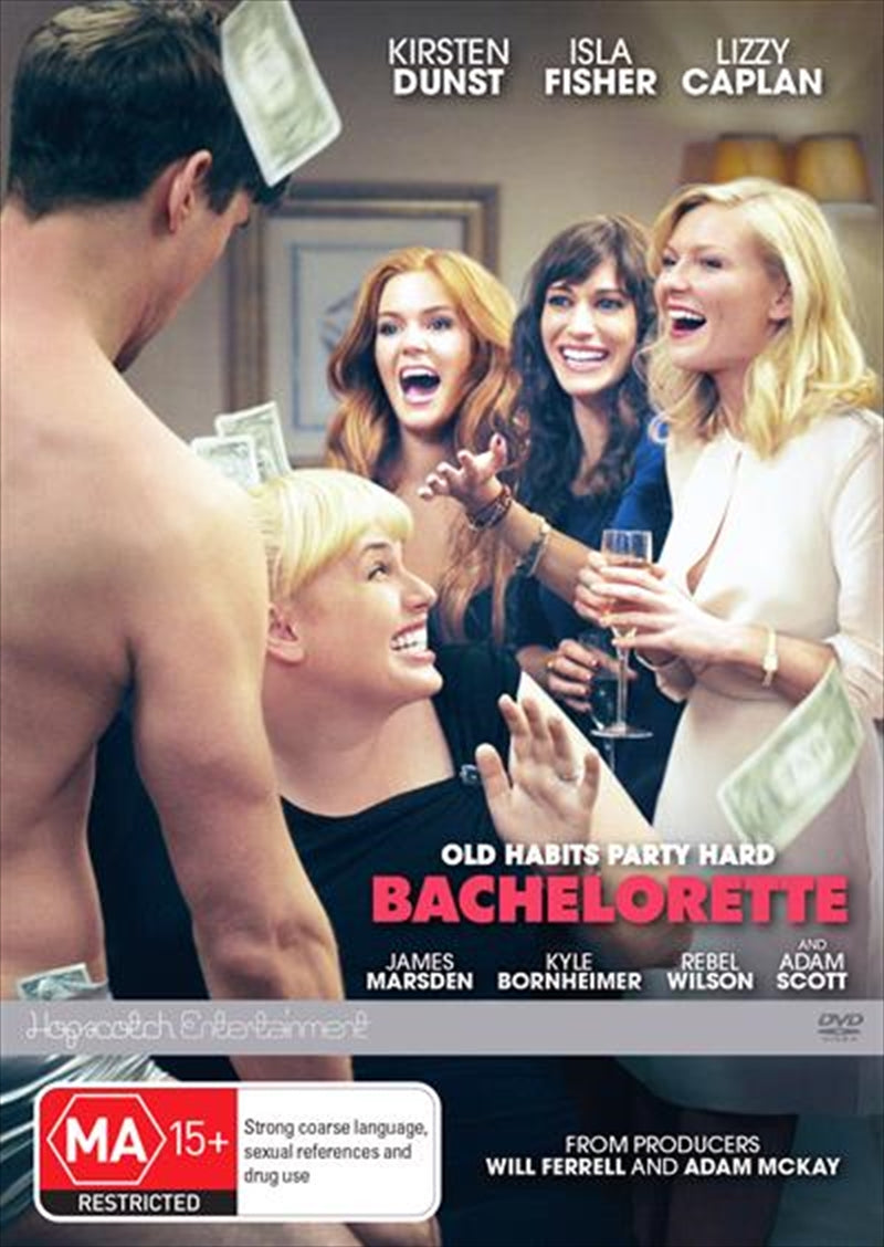 Bachelorette DVD cover featuring three bridesmaids in a humorous pose, showcasing the film's comedic theme.