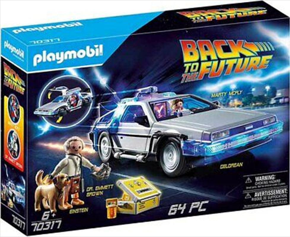 Back To The Future DeLorean toy set featuring the iconic vehicle, Marty McFly, Dr. Emmett Brown, and various accessories.