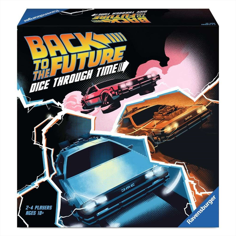 Back To The Future Dice Through Time board game components including game board, dice, player mats, and character standees.