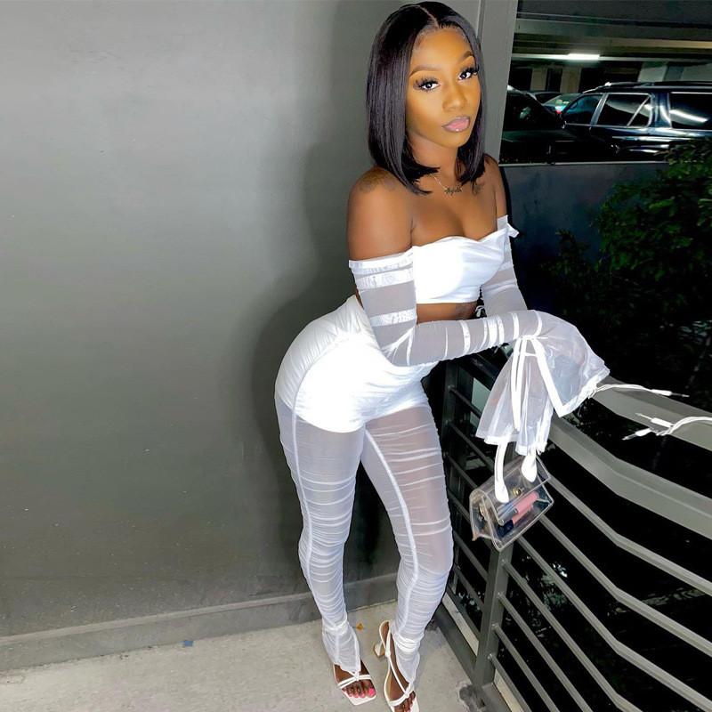 Backless Ruched Mesh Night Club 2 Piece Set featuring an off-shoulder crop top and high waist stacked pants in black and white.