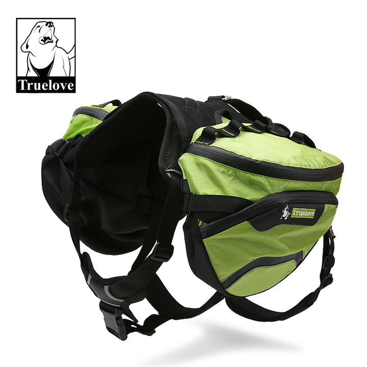 A vibrant neon yellow doggie backpack harness featuring a padded handle and reflective lining, designed for comfort and visibility during outdoor adventures.