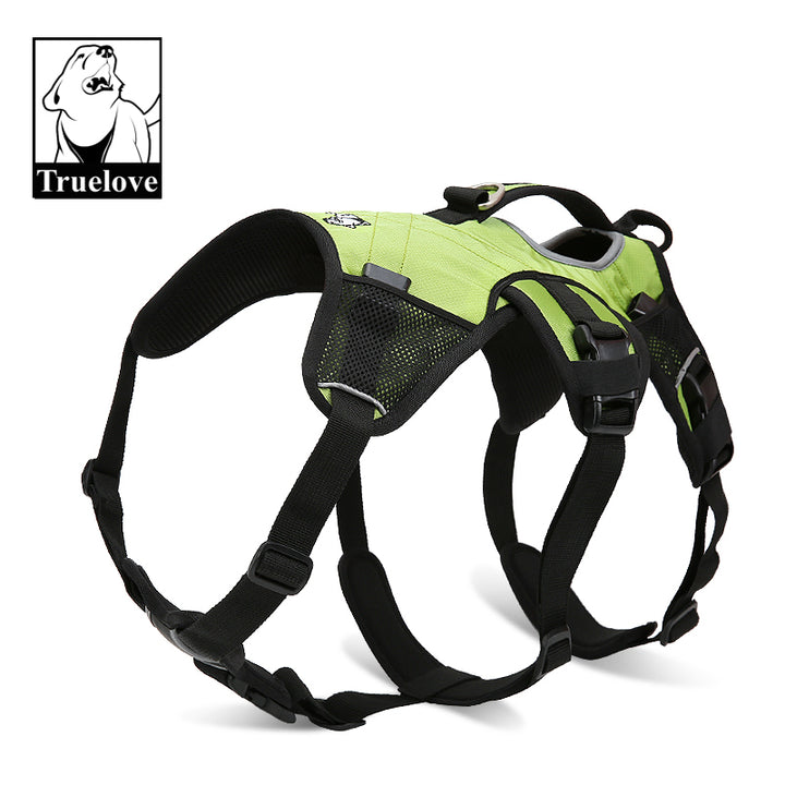 A vibrant neon yellow doggie backpack harness featuring a padded handle and reflective lining, designed for comfort and visibility during outdoor adventures.