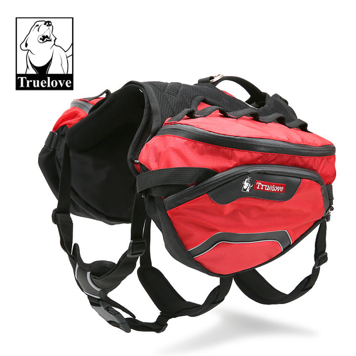 A red dog backpack harness featuring padded handle and reflective lining, designed for comfort and safety during outdoor adventures.