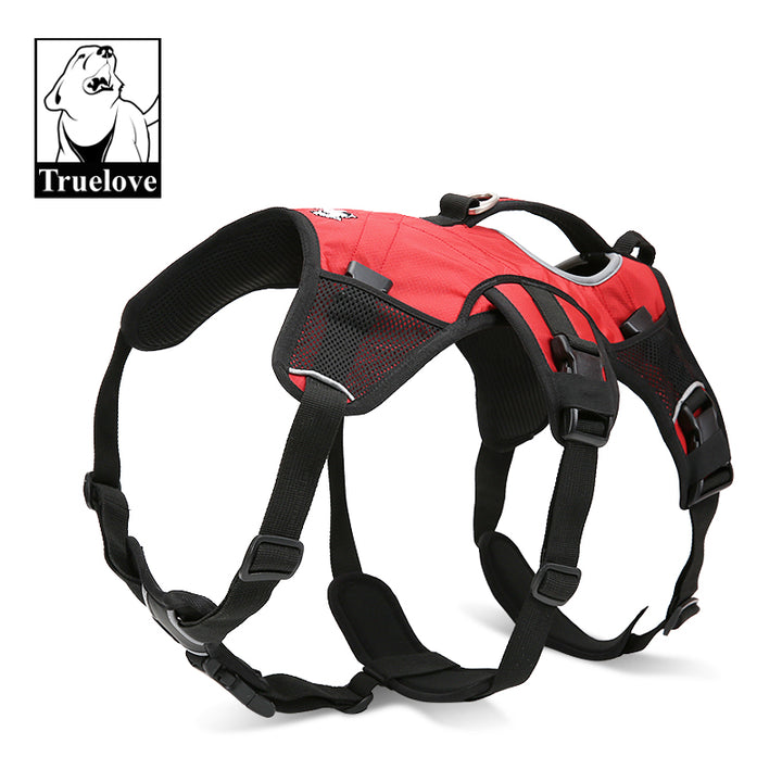 A red dog backpack harness featuring padded handle and reflective lining, designed for comfort and safety during outdoor adventures.