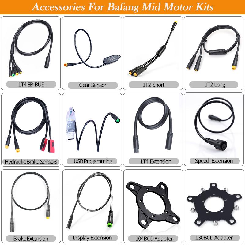 Bafang BBS01B BBS02B electric bicycle parts including gear sensor, programming cable, and hydraulic brake sensor.